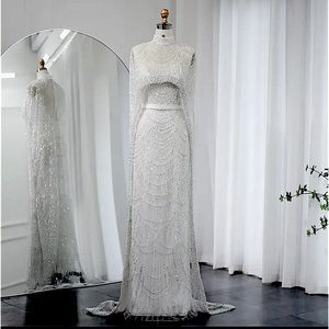 White Sherri Hill pearl dress with cape